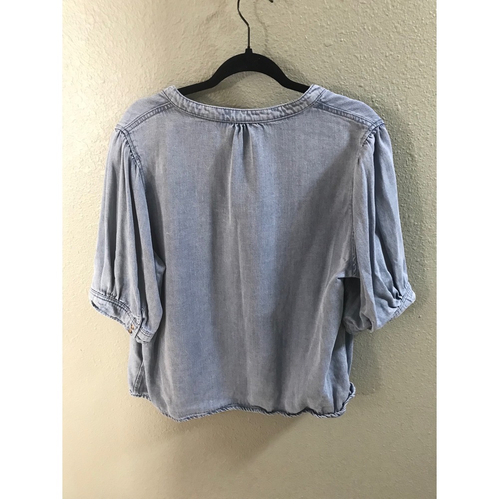 Velvet Heart Tencel Lyocell Denim Blue Split Neck‎ Puff Sleeve Blouse XL - Picture 3 of 8